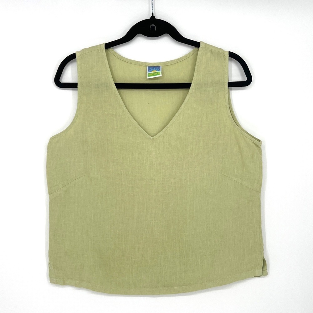 Sunny Side Up Womens Sage Green 100% Linen V-Neck Tank Top Medium Cottagecore